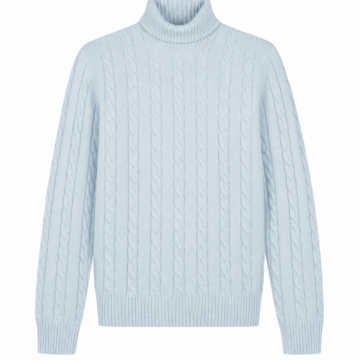 Light Blue Cable-Knit Turtleneck Sweater with Ribbed Collar
