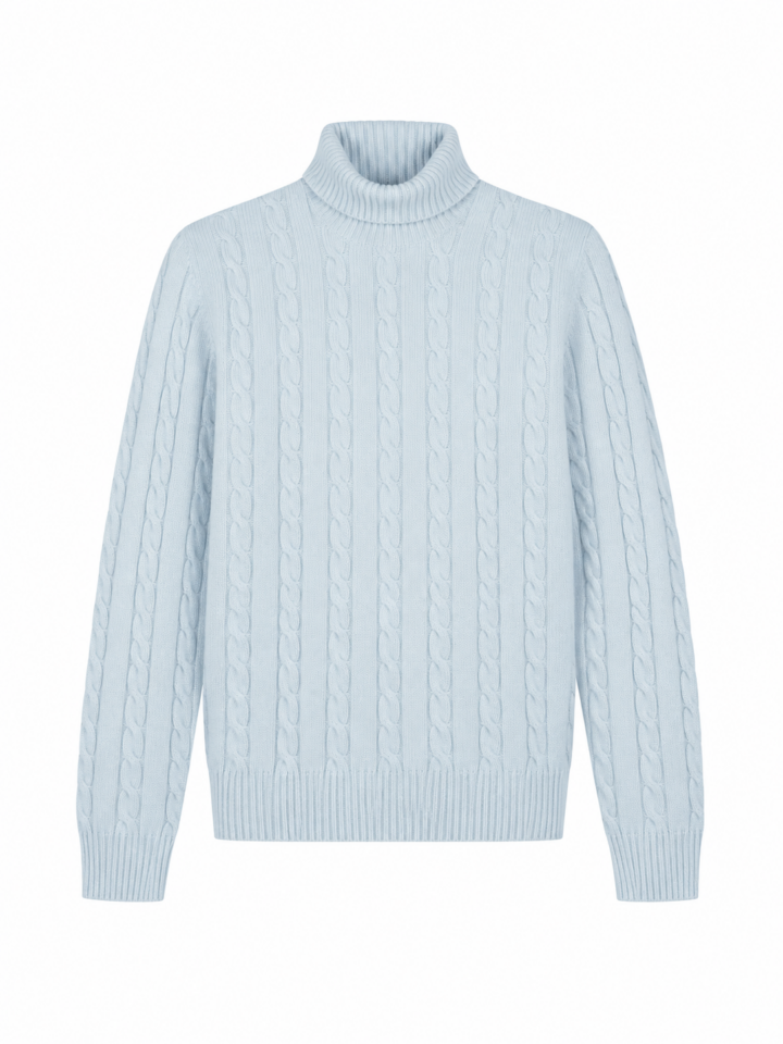 Light Blue Cable-Knit Turtleneck Sweater with Ribbed Collar
