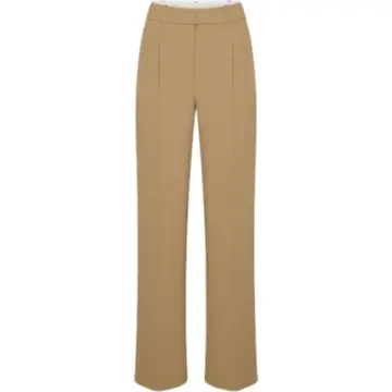 Camel High-Rise Wide-Leg Trousers with Pintuck Pleats