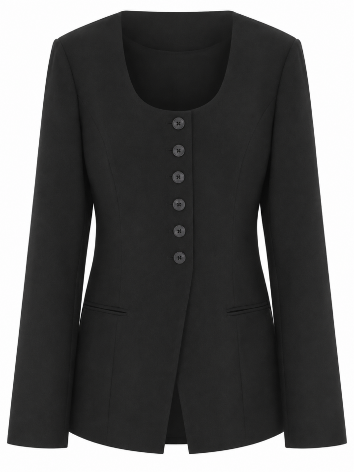 Black Fitted Blazer with Scoop Neck and Five Buttons