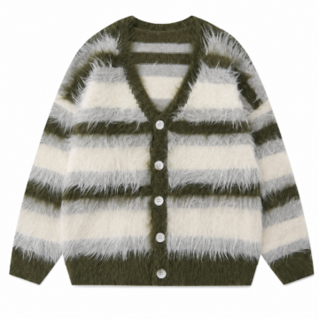 Olive Striped Fuzzy V-Neck Cardigan