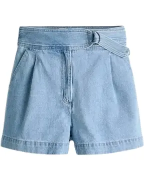 Light Blue High-Waisted Flared Denim Shorts with Self-Tie Belt