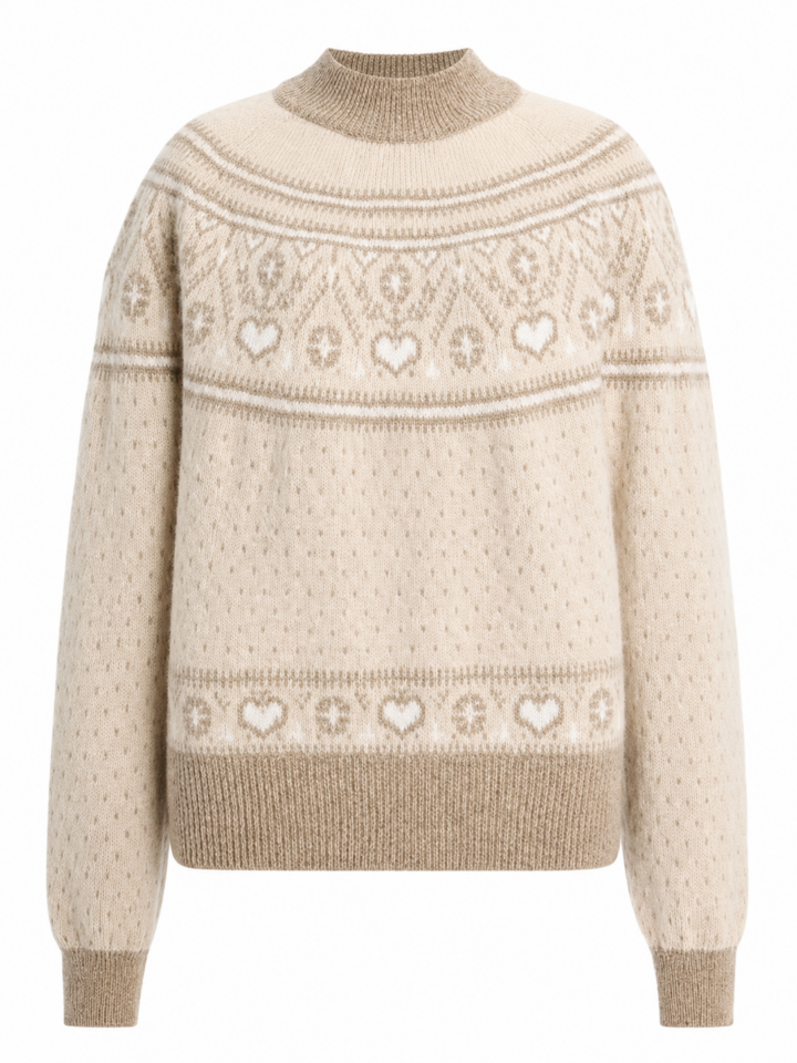 Cream Fair Isle Mock Neck Sweater with Geometric Pattern