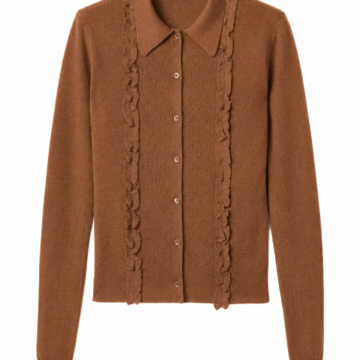 Brown Pointelle Knit Cardigan with Button Placket