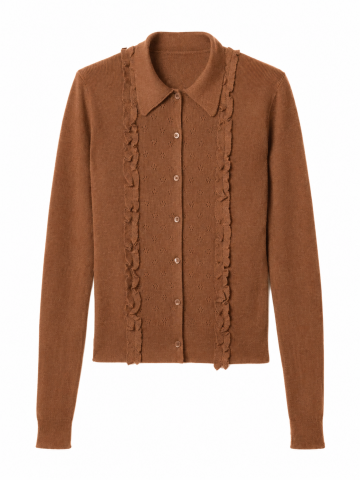 Brown Pointelle Knit Cardigan with Button Placket
