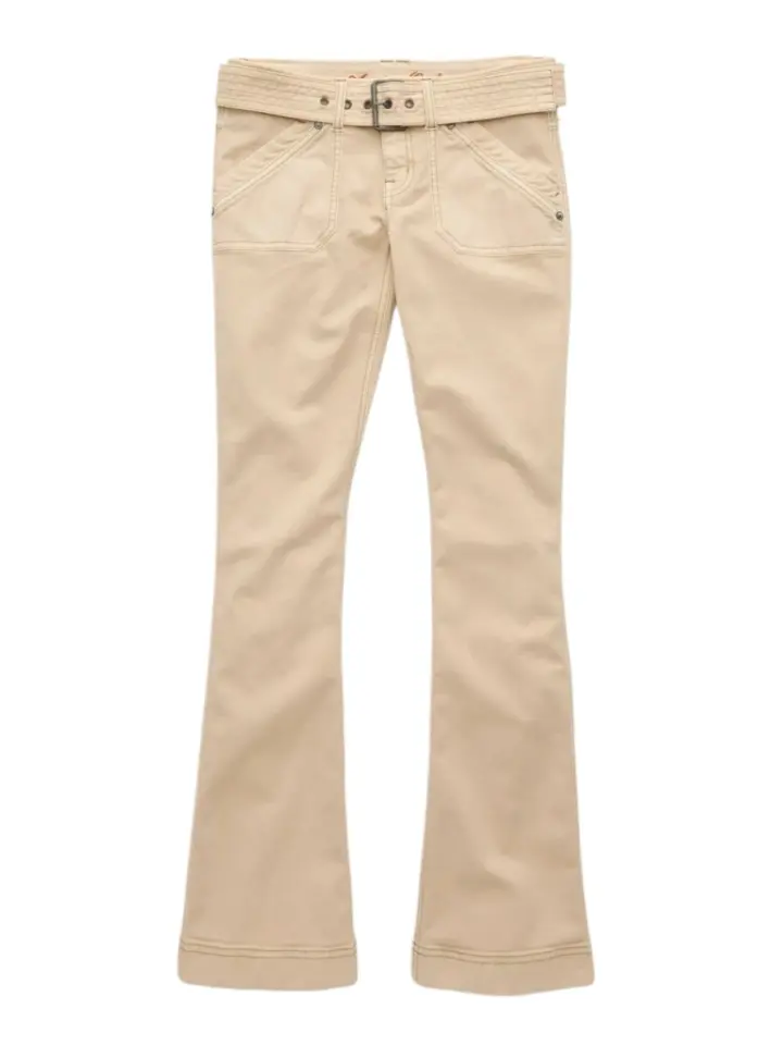 Light Beige High Rise Flared Twill Pants with Belt