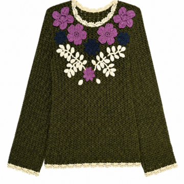 Olive Green Crocheted Floral Top with Scalloped Trim