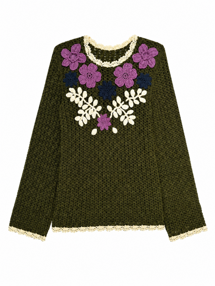 Olive Green Crocheted Floral Top with Scalloped Trim