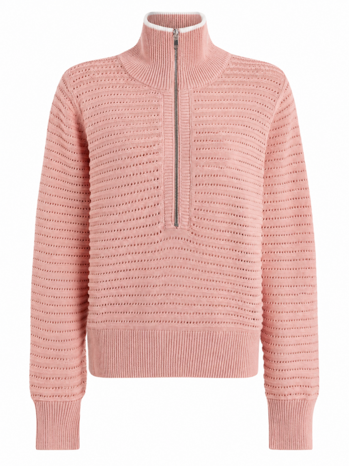Pink Half-Zip Pullover Sweater with Eyelet Knit