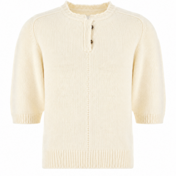 Cream Short Sleeve Henley Sweater with Pointelle Stitch