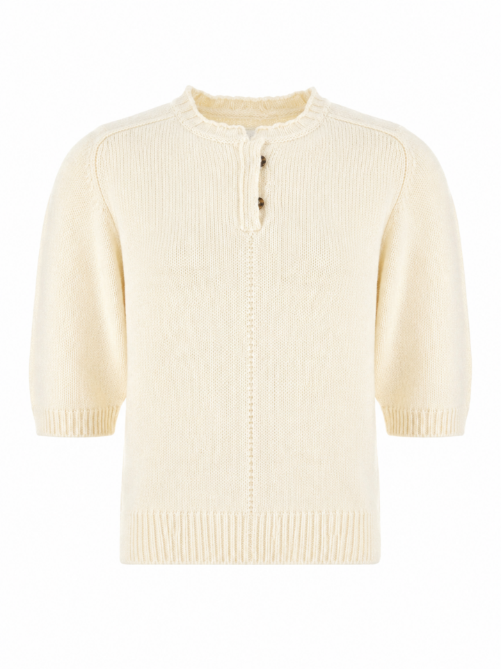 Cream Short Sleeve Henley Sweater with Pointelle Stitch