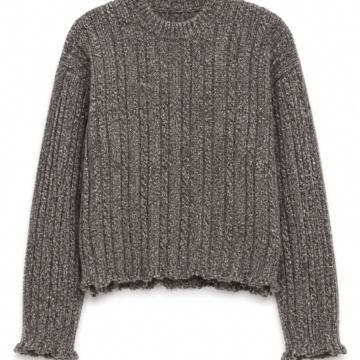 Heathered Grey Cropped Crew Neck Sweater with Fringe Hem