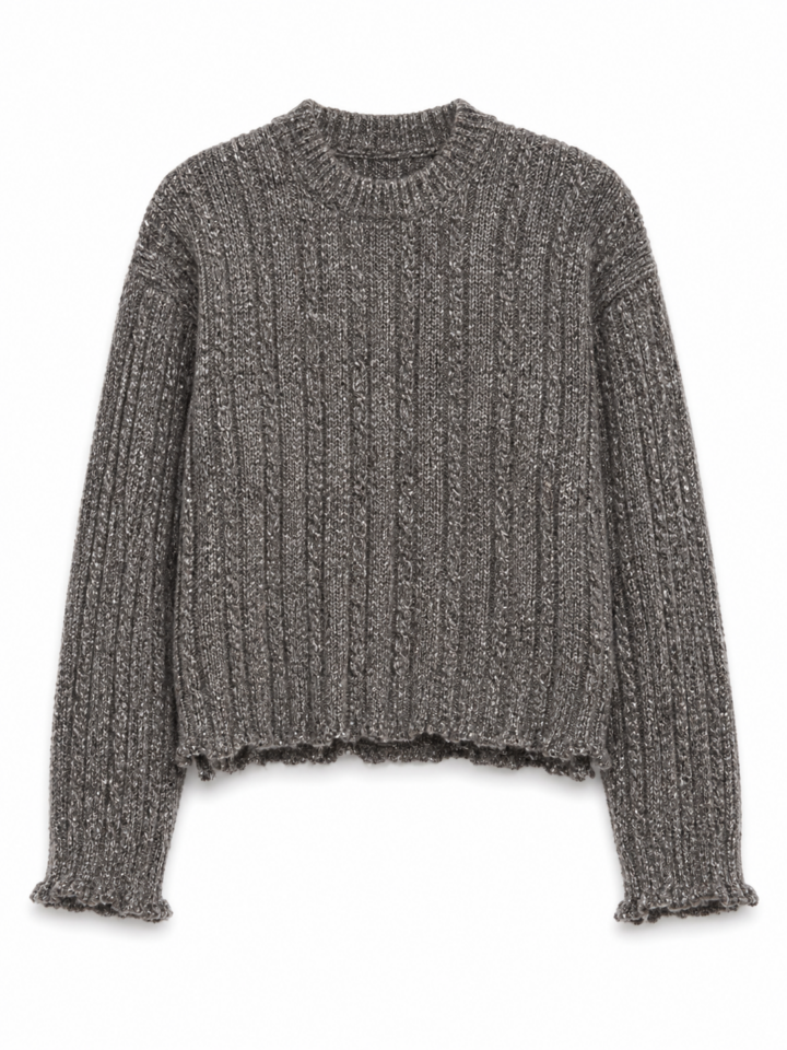 Heathered Grey Cropped Crew Neck Sweater with Fringe Hem