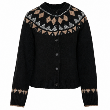 Black Fair Isle Patterned Button-Front Cardigan with Round Neck