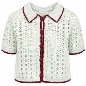Cream Crochet Cardigan with Red Trim and Pointed Collar