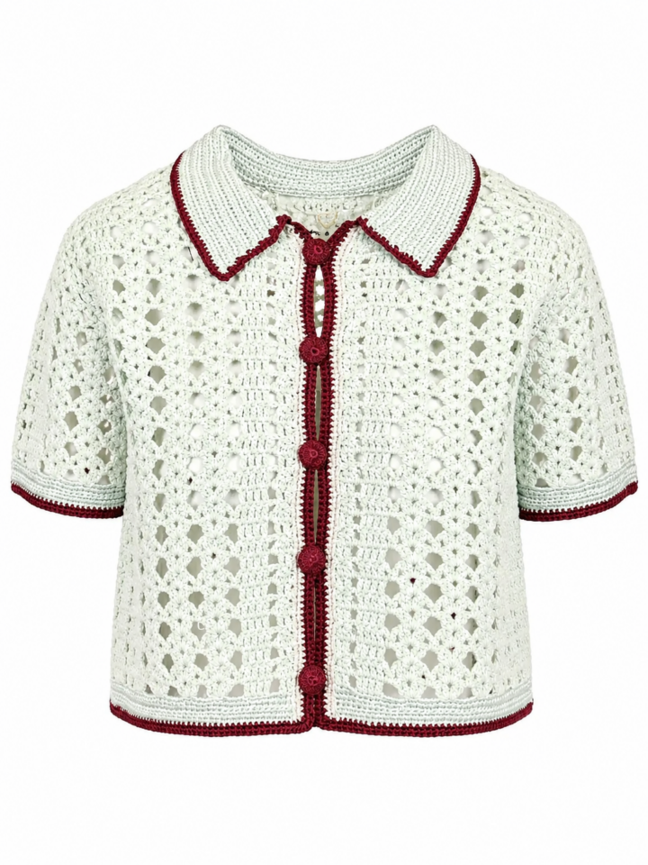 Cream Crochet Cardigan with Red Trim and Pointed Collar