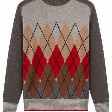 Light Grey Argyle Pattern Pullover Sweater with Contrasting Trim