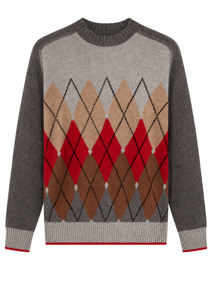Light Grey Argyle Pattern Pullover Sweater with Contrasting Trim
