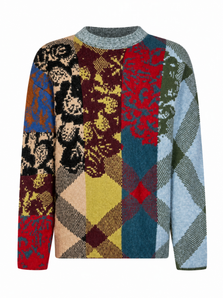 Multicolor Patchwork Argyle and Floral Jacquard Sweater