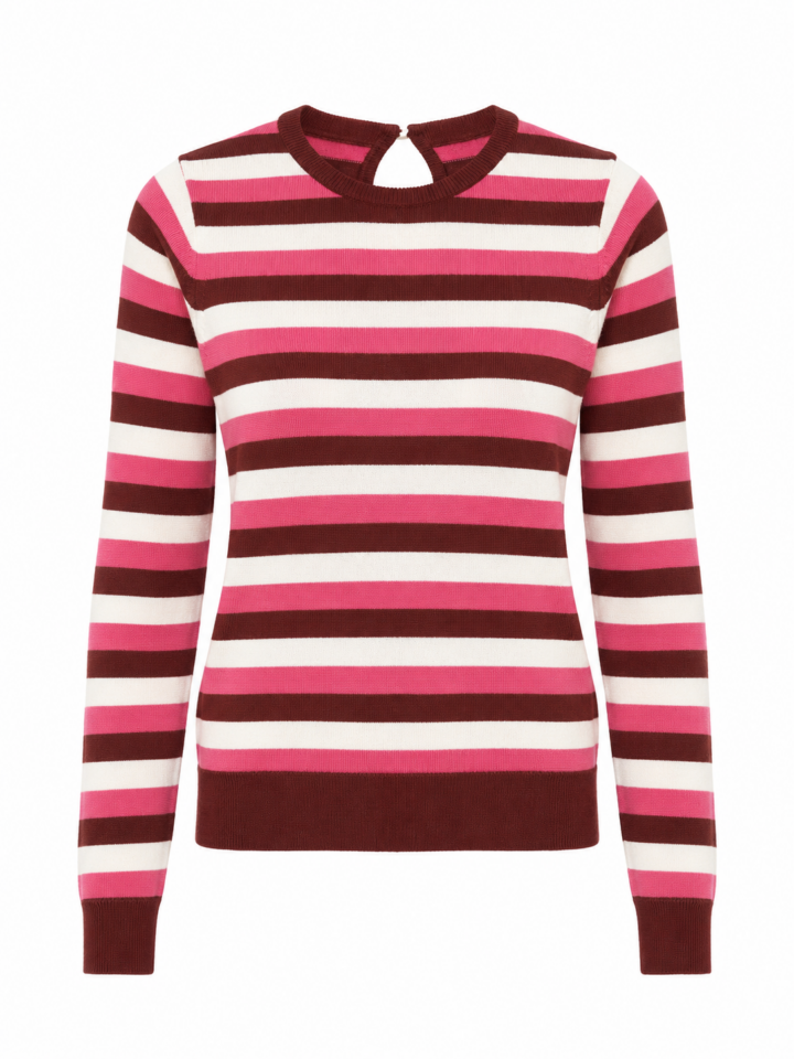 Pink White and Brown Striped Knit Sweater with Keyhole Back