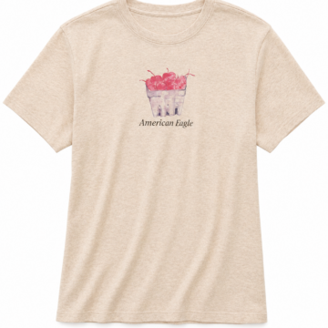 Light Beige Heathered Graphic T-Shirt with Cherry Basket Print