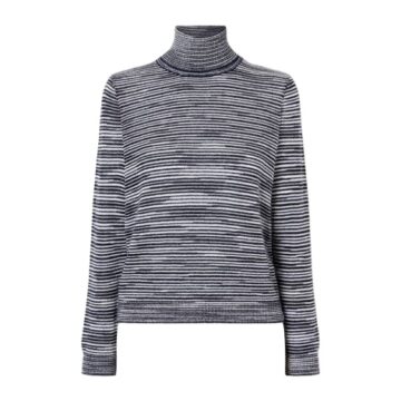 Navy and Grey Striped Turtleneck Sweater with Ribbed Trims