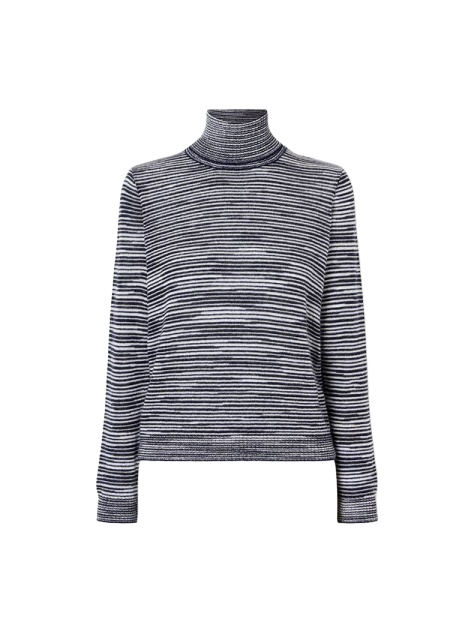 Navy and Grey Striped Turtleneck Sweater with Ribbed Trims
