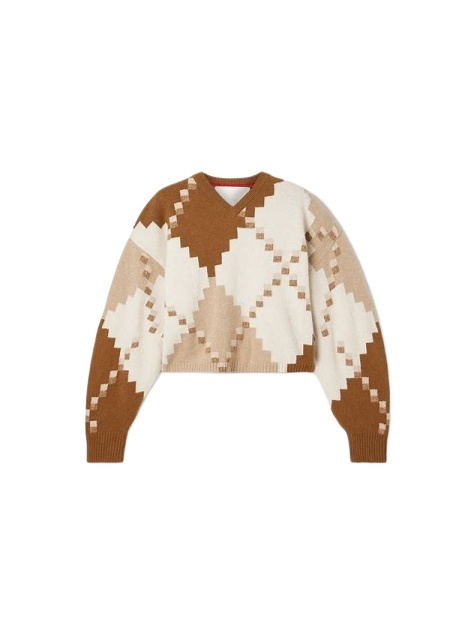 Cropped Geometric Diamond V-Neck Sweater in Cream Tan Brown