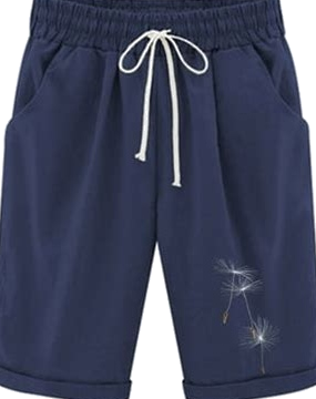 Navy Blue Relaxed Fit Shorts with White Drawstring and Dandelion Embroidery