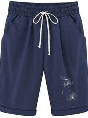 Navy Blue Relaxed Fit Shorts with White Drawstring and Dandelion Embroidery
